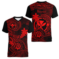 Hawaii Women V Neck T Shirt Shaka Tattoo Mix Polynesian Plumeria Red Version - Wonder Print Shop