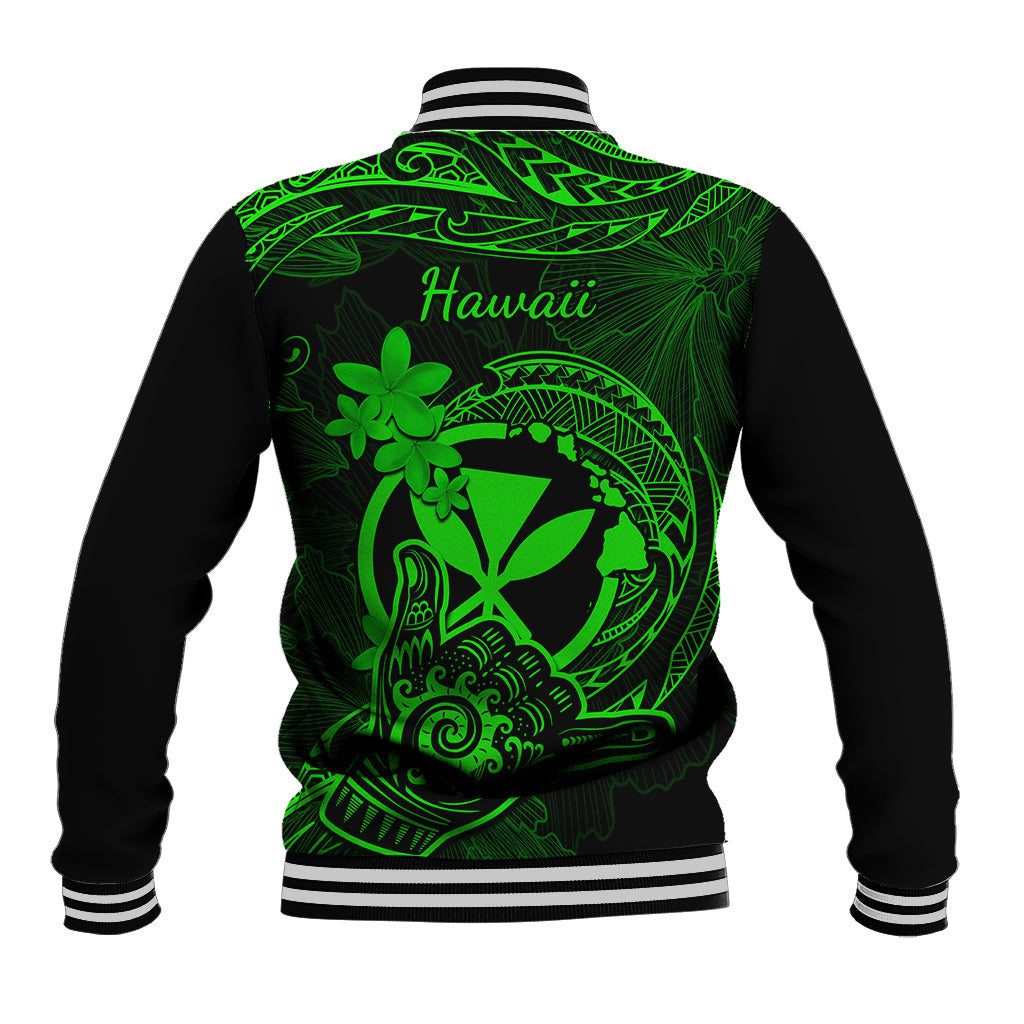 Hawaii Baseball Jacket Shaka Tattoo Mix Polynesian Plumeria Green Version - Wonder Print Shop