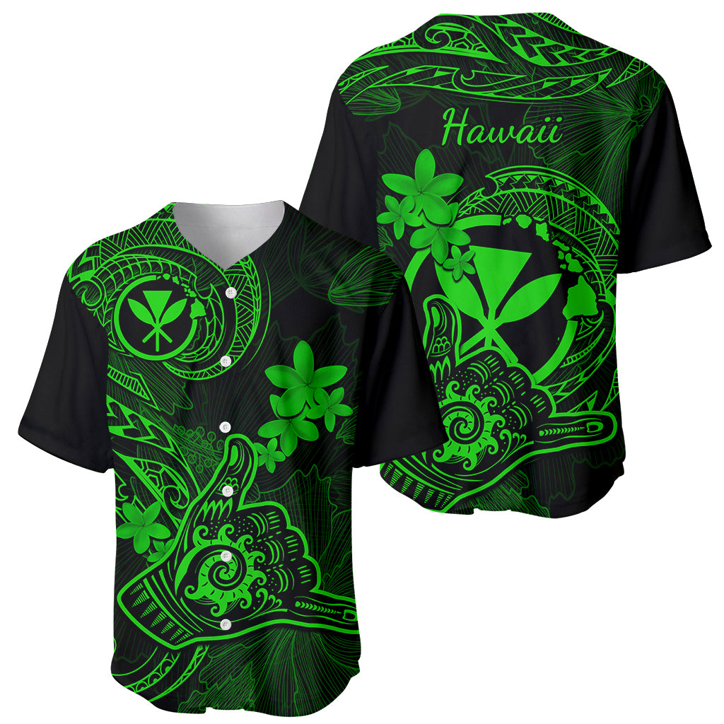 Hawaii Baseball Jersey Shaka Tattoo Mix Polynesian Plumeria Green Version - Wonder Print Shop