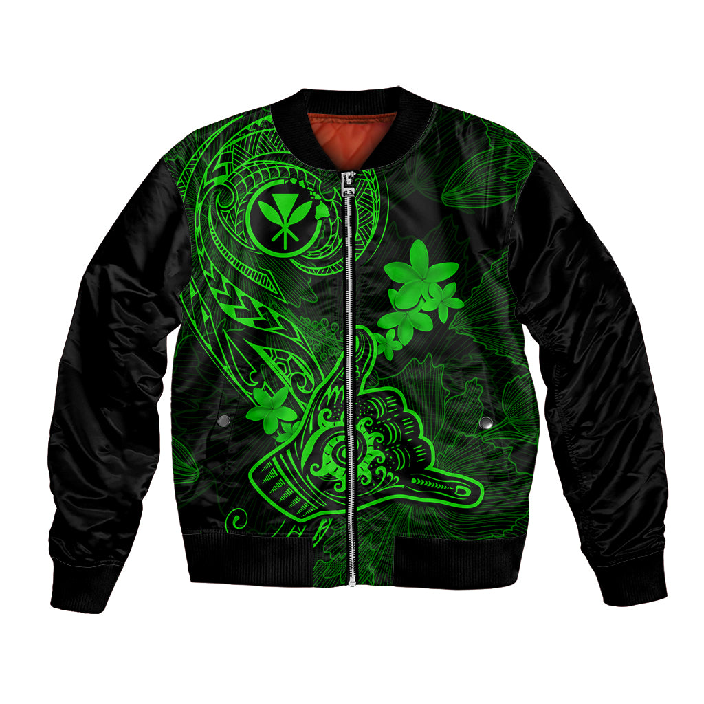 Hawaii Bomber Jacket Shaka Tattoo Mix Polynesian Plumeria Green Version - Wonder Print Shop