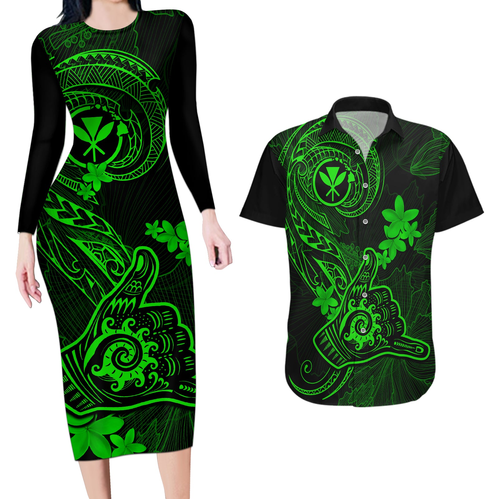 Hawaii Couples Matching Long Sleeve Bodycon Dress and Hawaiian Shirt Shaka Tattoo Mix Polynesian Plumeria Green Version - Wonder Print Shop