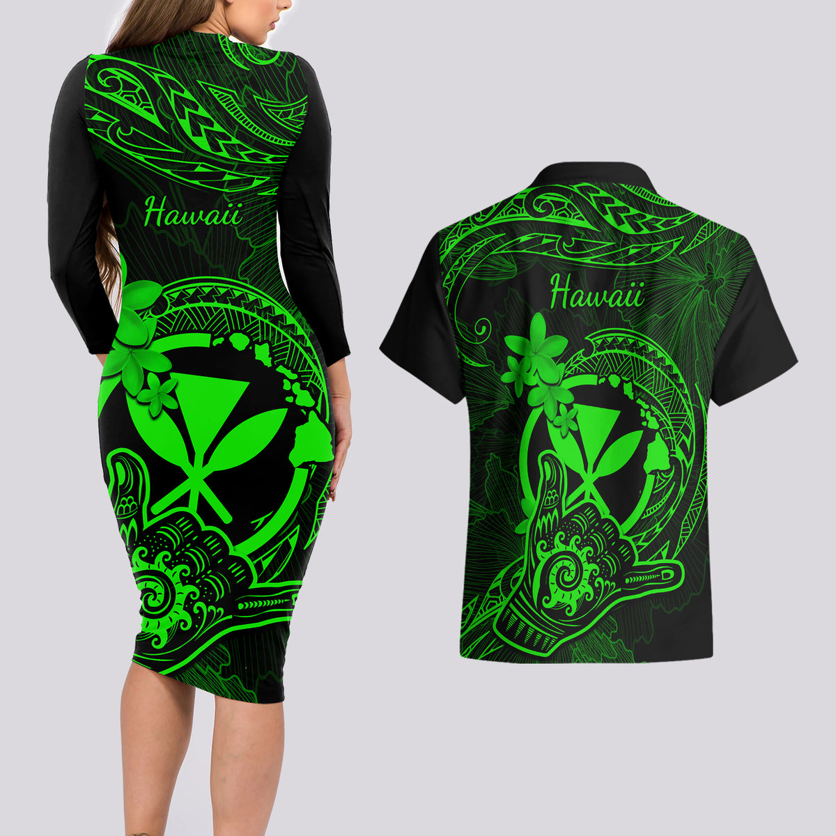 Hawaii Couples Matching Long Sleeve Bodycon Dress and Hawaiian Shirt Shaka Tattoo Mix Polynesian Plumeria Green Version - Wonder Print Shop