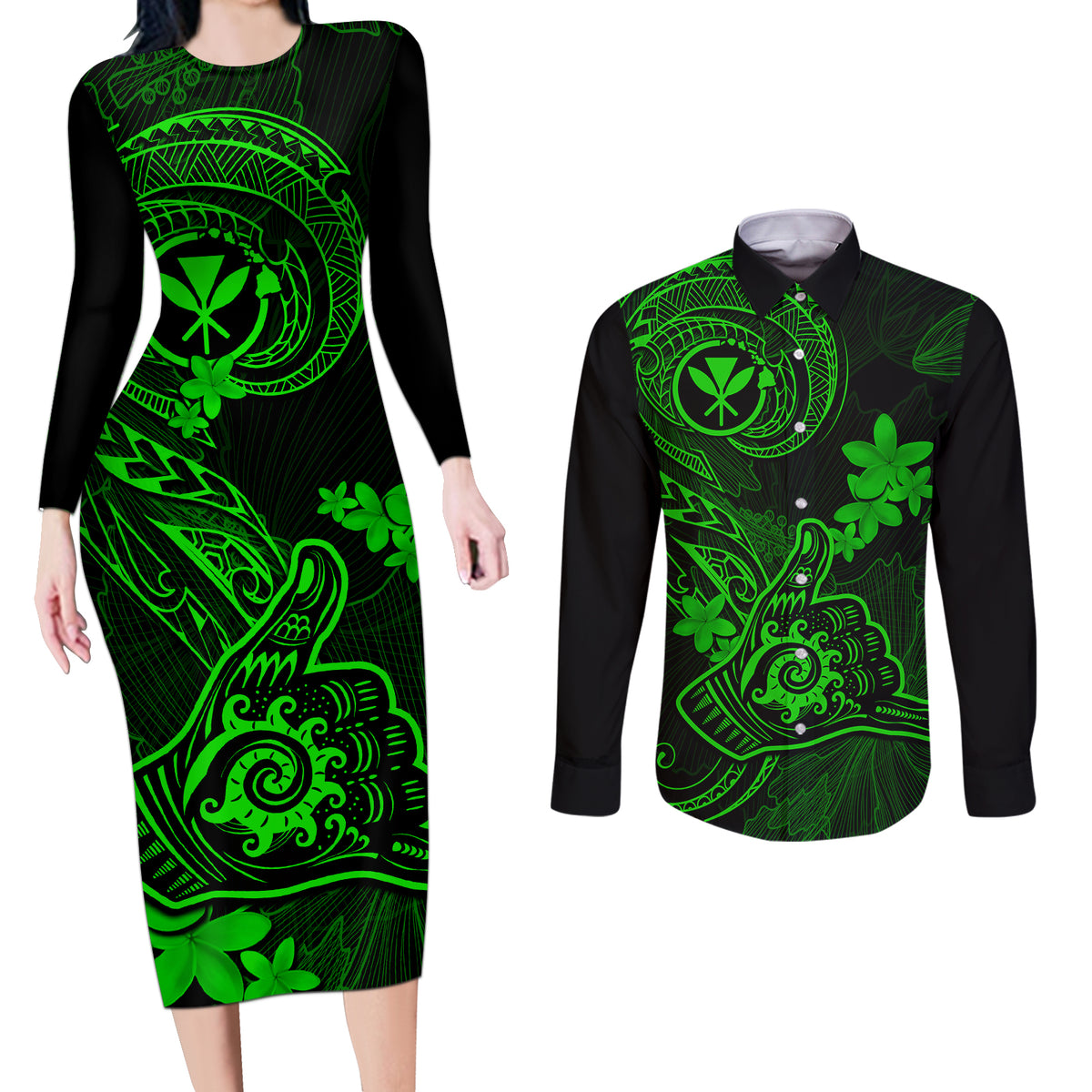 Hawaii Couples Matching Long Sleeve Bodycon Dress and Long Sleeve Button Shirts Shaka Tattoo Mix Polynesian Plumeria Green Version - Wonder Print Shop