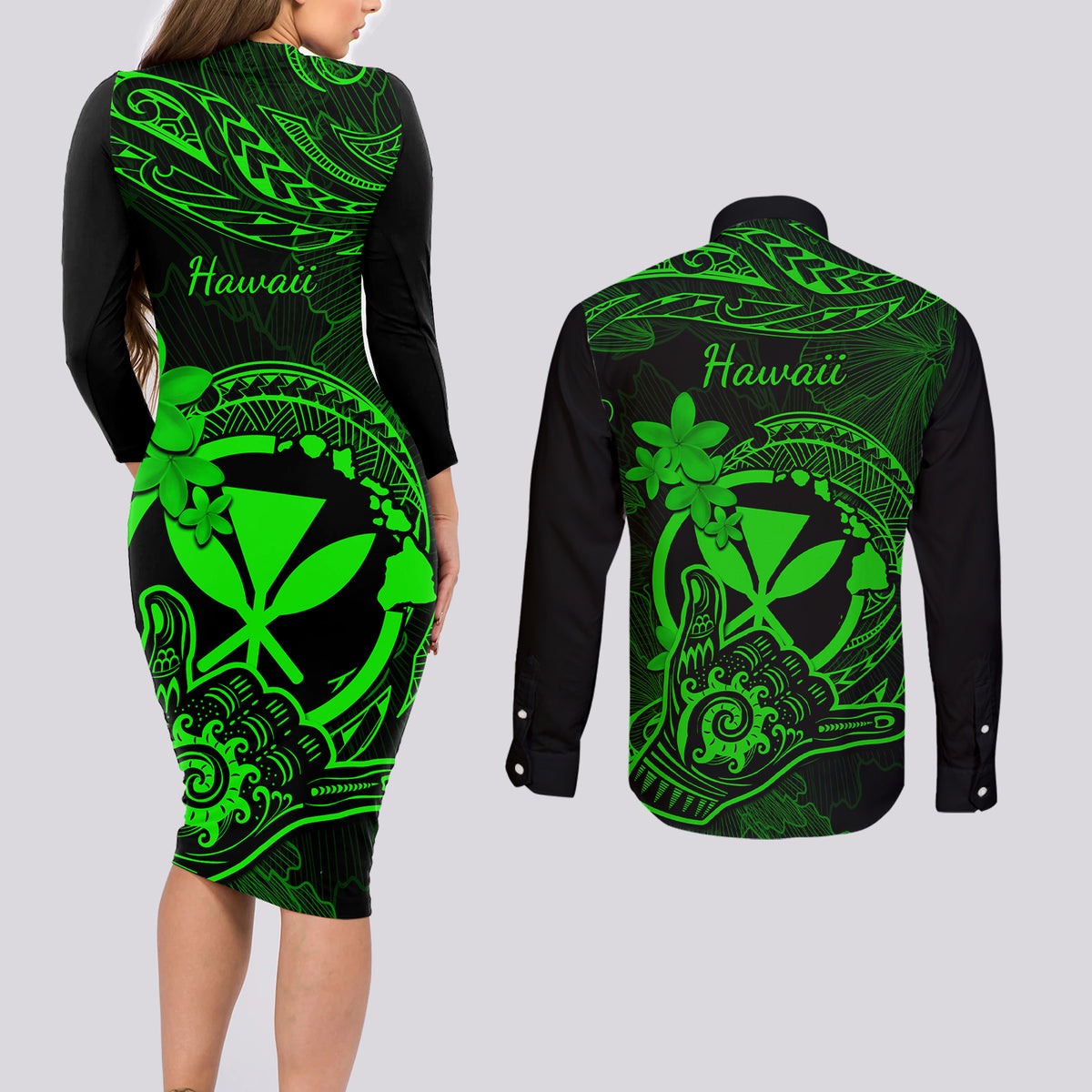 Hawaii Couples Matching Long Sleeve Bodycon Dress and Long Sleeve Button Shirts Shaka Tattoo Mix Polynesian Plumeria Green Version - Wonder Print Shop