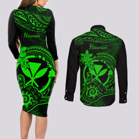 Hawaii Couples Matching Long Sleeve Bodycon Dress and Long Sleeve Button Shirts Shaka Tattoo Mix Polynesian Plumeria Green Version - Wonder Print Shop