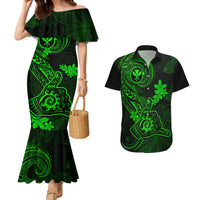 Hawaii Couples Matching Mermaid Dress and Hawaiian Shirt Shaka Tattoo Mix Polynesian Plumeria Green Version - Wonder Print Shop