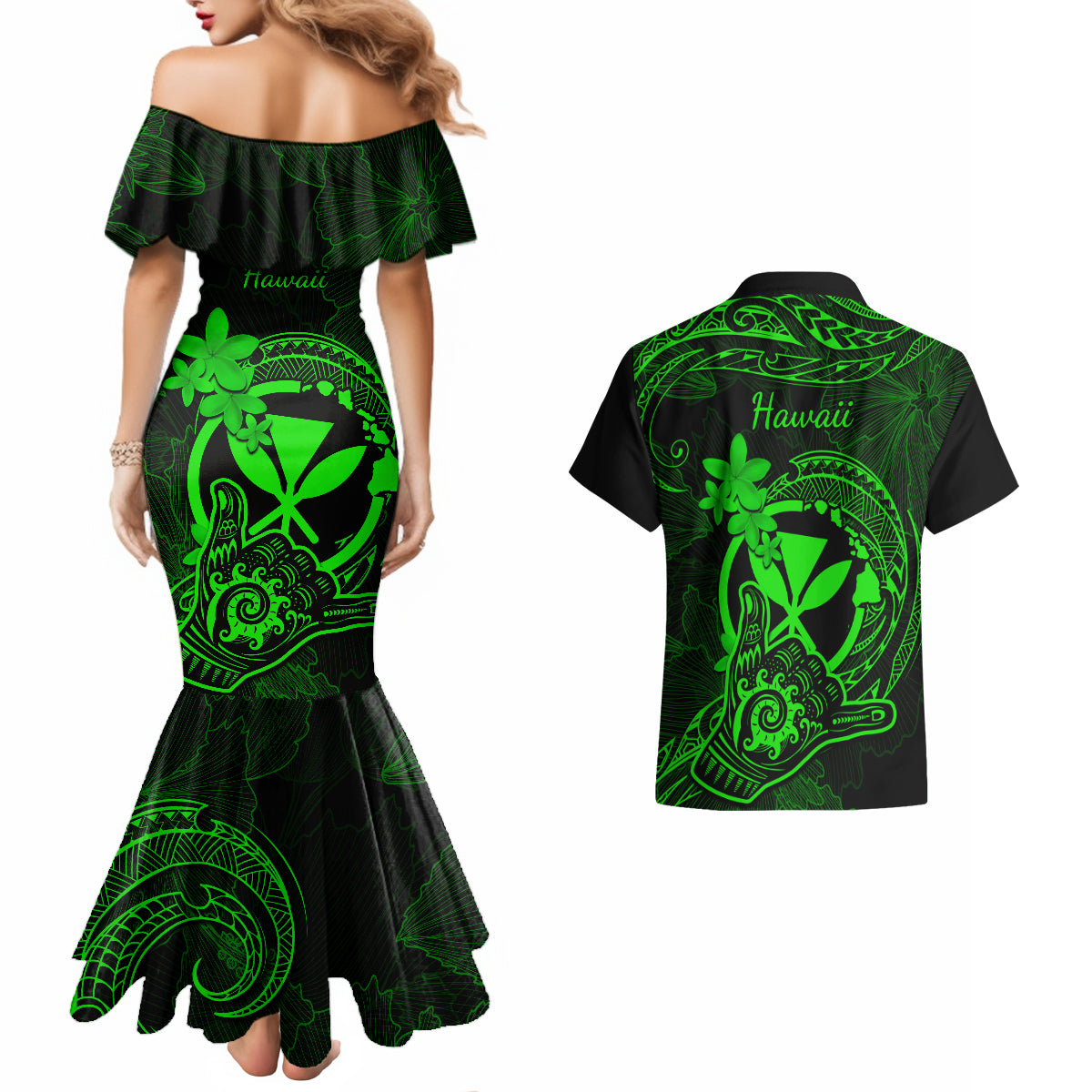 Hawaii Couples Matching Mermaid Dress and Hawaiian Shirt Shaka Tattoo Mix Polynesian Plumeria Green Version - Wonder Print Shop