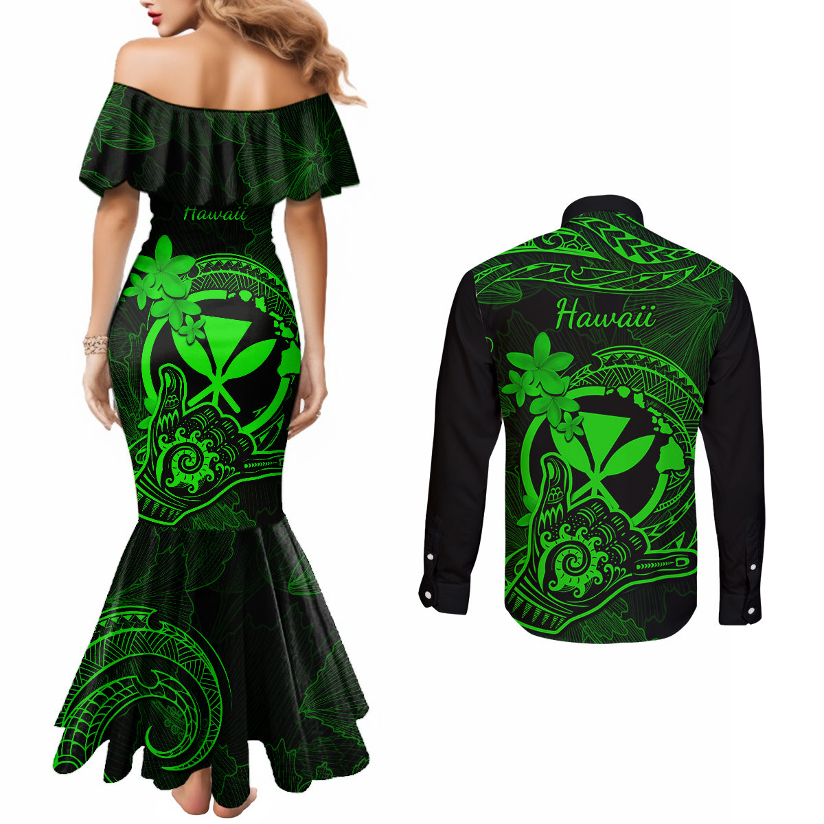 hawaii-couples-matching-mermaid-dress-and-long-sleeve-button-shirts-shaka-tattoo-mix-polynesian-plumeria-green-version