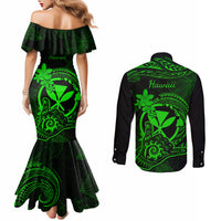 hawaii-couples-matching-mermaid-dress-and-long-sleeve-button-shirts-shaka-tattoo-mix-polynesian-plumeria-green-version