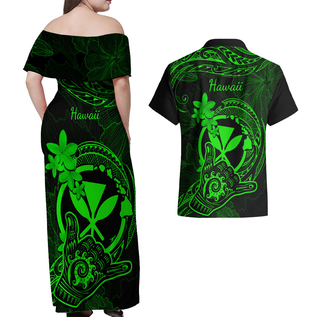 Hawaii Couples Matching Off Shoulder Maxi Dress and Hawaiian Shirt Shaka Tattoo Mix Polynesian Plumeria Green Version - Wonder Print Shop