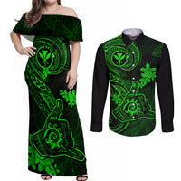 Hawaii Couples Matching Off Shoulder Maxi Dress and Long Sleeve Button Shirts Shaka Tattoo Mix Polynesian Plumeria Green Version - Wonder Print Shop