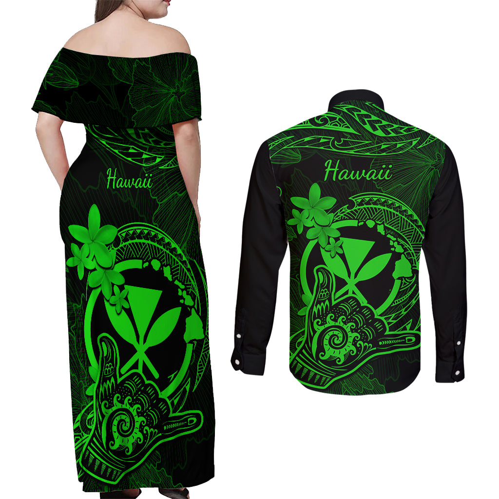 Hawaii Couples Matching Off Shoulder Maxi Dress and Long Sleeve Button Shirts Shaka Tattoo Mix Polynesian Plumeria Green Version - Wonder Print Shop