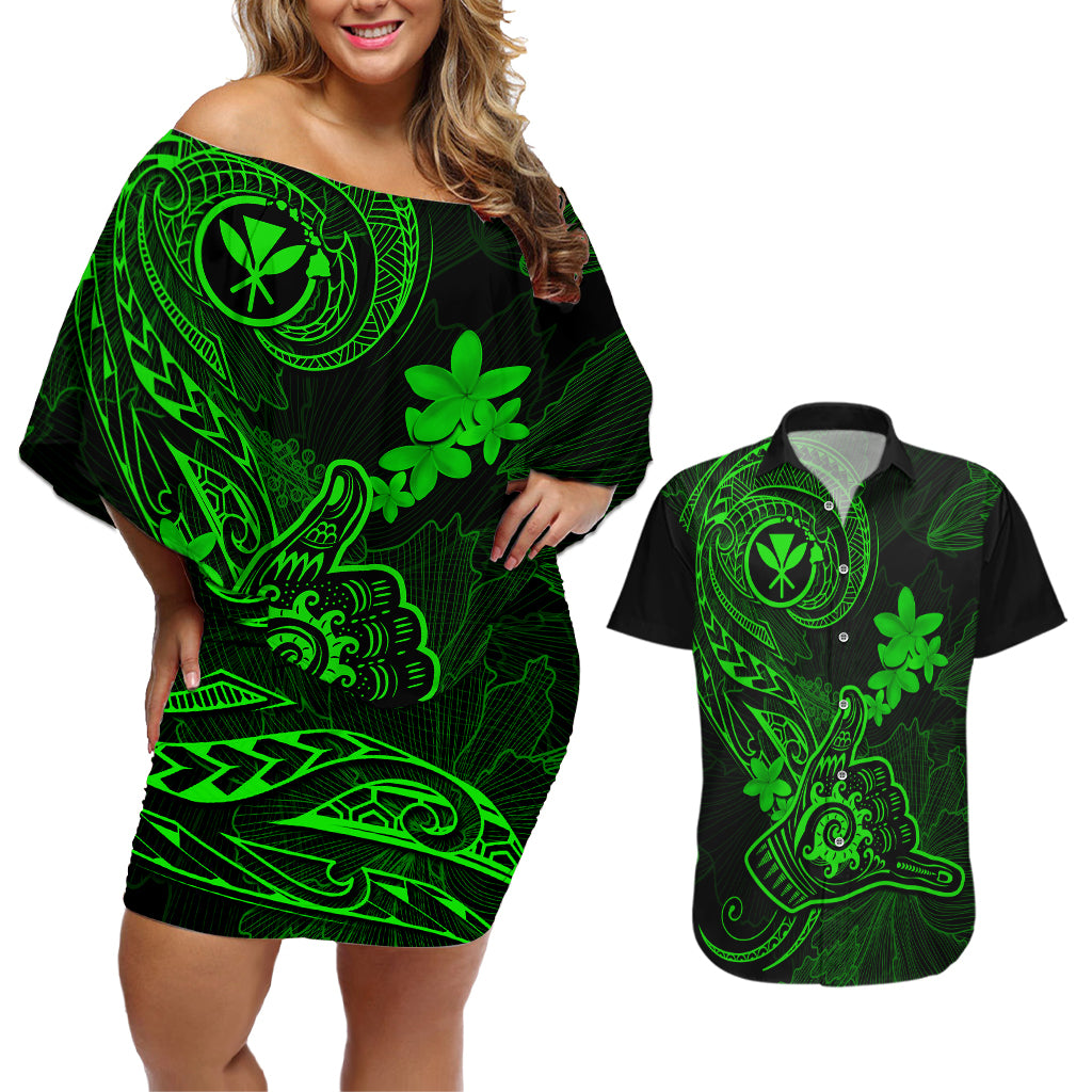 Hawaii Couples Matching Off Shoulder Short Dress and Hawaiian Shirt Shaka Tattoo Mix Polynesian Plumeria Green Version - Wonder Print Shop