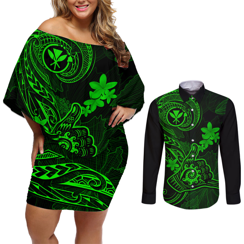 Hawaii Couples Matching Off Shoulder Short Dress and Long Sleeve Button Shirts Shaka Tattoo Mix Polynesian Plumeria Green Version - Wonder Print Shop