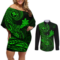 Hawaii Couples Matching Off Shoulder Short Dress and Long Sleeve Button Shirts Shaka Tattoo Mix Polynesian Plumeria Green Version - Wonder Print Shop