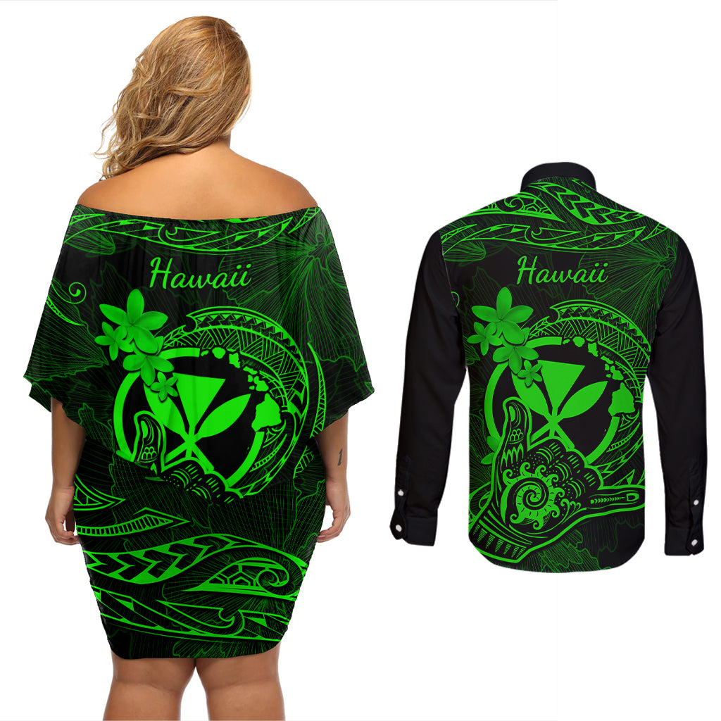Hawaii Couples Matching Off Shoulder Short Dress and Long Sleeve Button Shirts Shaka Tattoo Mix Polynesian Plumeria Green Version - Wonder Print Shop