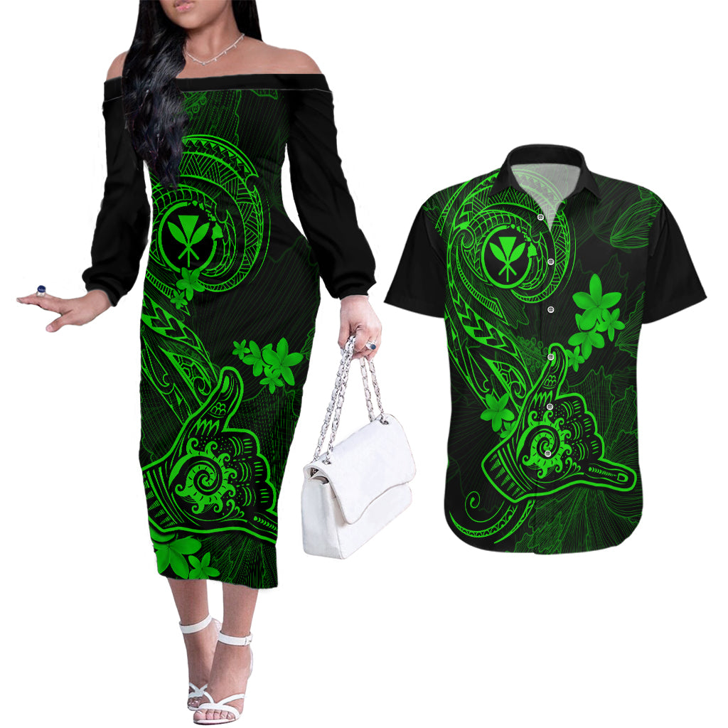 Hawaii Couples Matching Off The Shoulder Long Sleeve Dress and Hawaiian Shirt Shaka Tattoo Mix Polynesian Plumeria Green Version - Wonder Print Shop