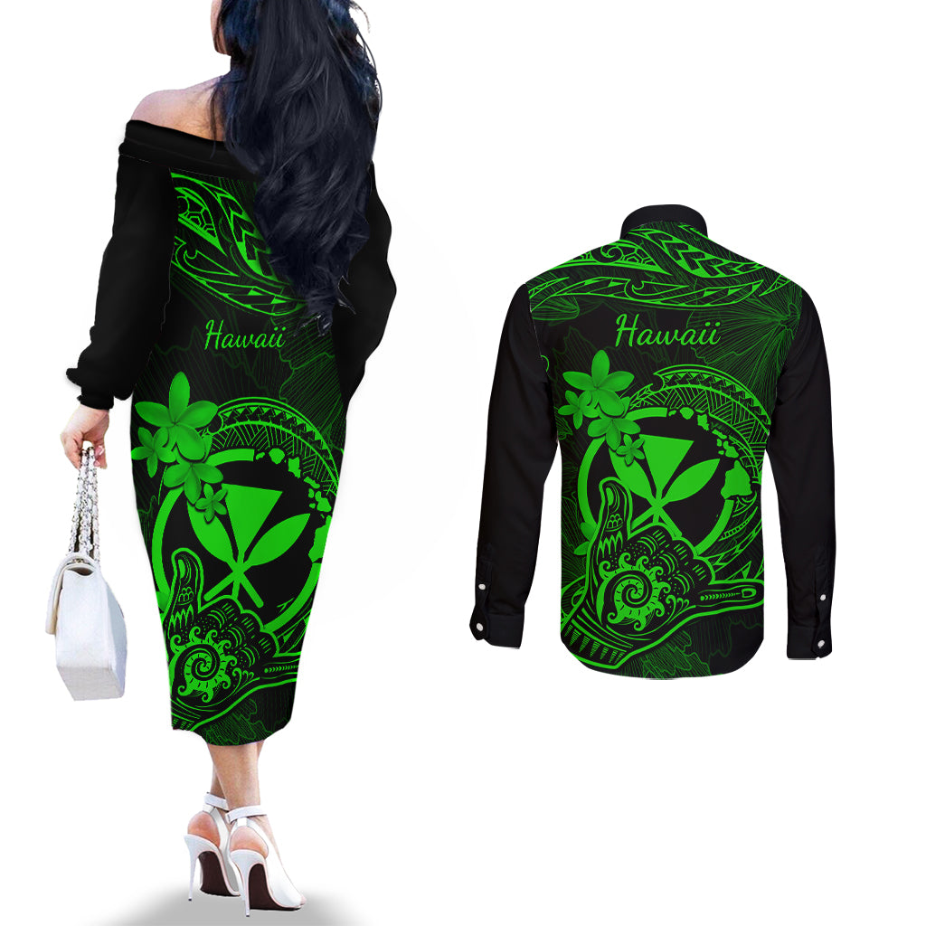 hawaii-couples-matching-off-the-shoulder-long-sleeve-dress-and-long-sleeve-button-shirts-shaka-tattoo-mix-polynesian-plumeria-green-version