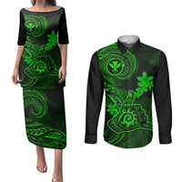 Hawaii Couples Matching Puletasi Dress and Long Sleeve Button Shirts Shaka Tattoo Mix Polynesian Plumeria Green Version - Wonder Print Shop