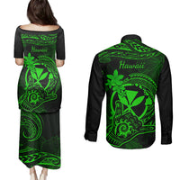 Hawaii Couples Matching Puletasi Dress and Long Sleeve Button Shirts Shaka Tattoo Mix Polynesian Plumeria Green Version - Wonder Print Shop