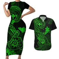 Hawaii Couples Matching Short Sleeve Bodycon Dress and Hawaiian Shirt Shaka Tattoo Mix Polynesian Plumeria Green Version - Wonder Print Shop
