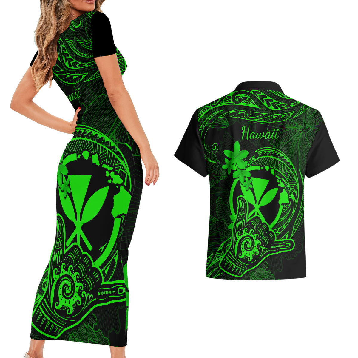 Hawaii Couples Matching Short Sleeve Bodycon Dress and Hawaiian Shirt Shaka Tattoo Mix Polynesian Plumeria Green Version - Wonder Print Shop