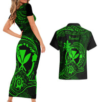 Hawaii Couples Matching Short Sleeve Bodycon Dress and Hawaiian Shirt Shaka Tattoo Mix Polynesian Plumeria Green Version - Wonder Print Shop