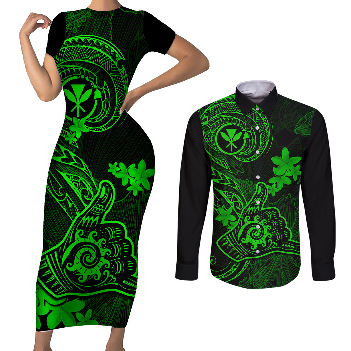 Hawaii Couples Matching Short Sleeve Bodycon Dress and Long Sleeve Button Shirts Shaka Tattoo Mix Polynesian Plumeria Green Version - Wonder Print Shop