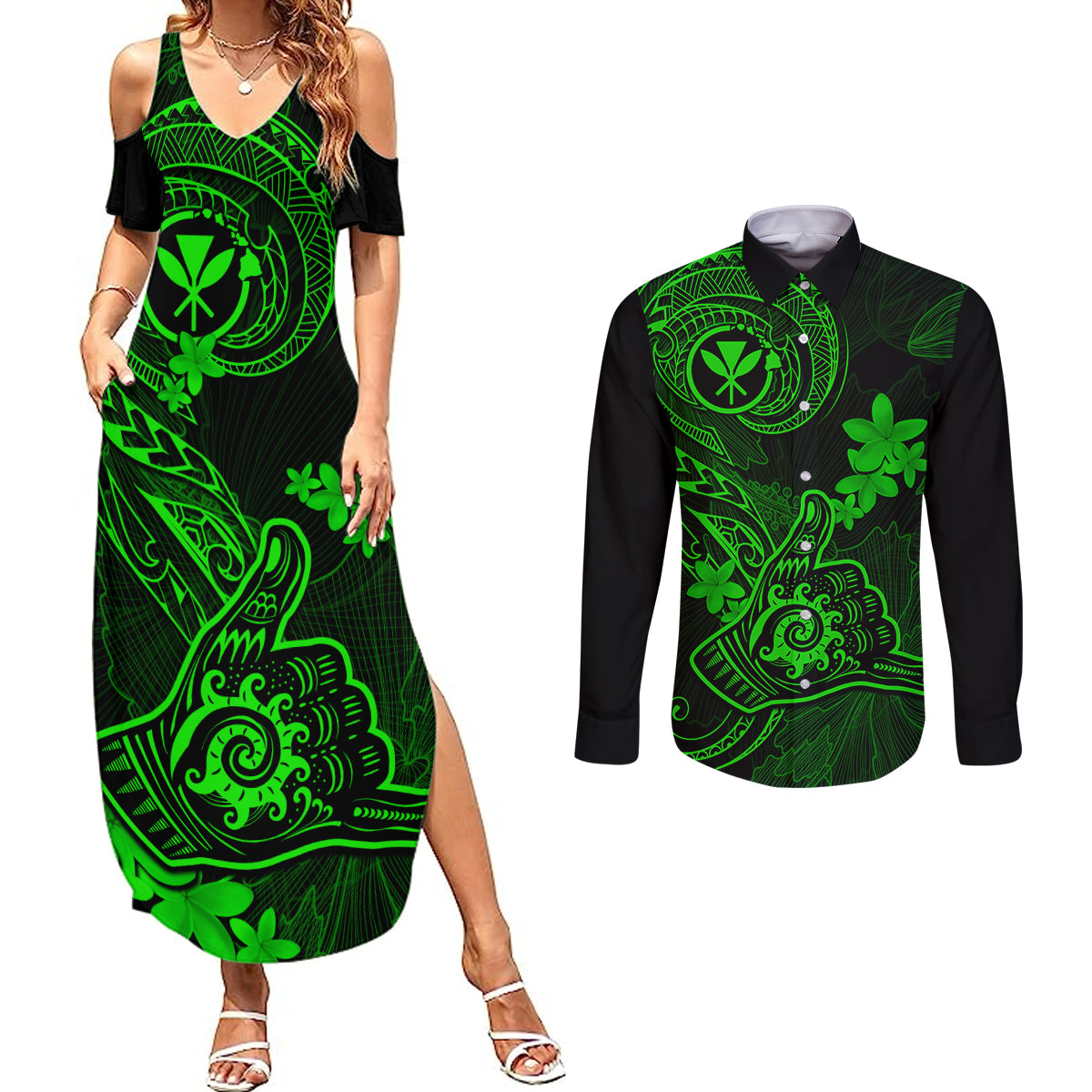 Hawaii Couples Matching Summer Maxi Dress and Long Sleeve Button Shirts Shaka Tattoo Mix Polynesian Plumeria Green Version - Wonder Print Shop