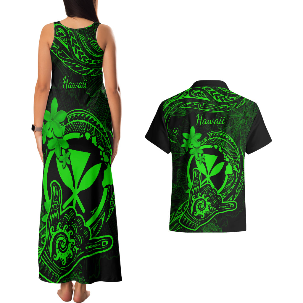 Hawaii Couples Matching Tank Maxi Dress and Hawaiian Shirt Shaka Tattoo Mix Polynesian Plumeria Green Version - Wonder Print Shop