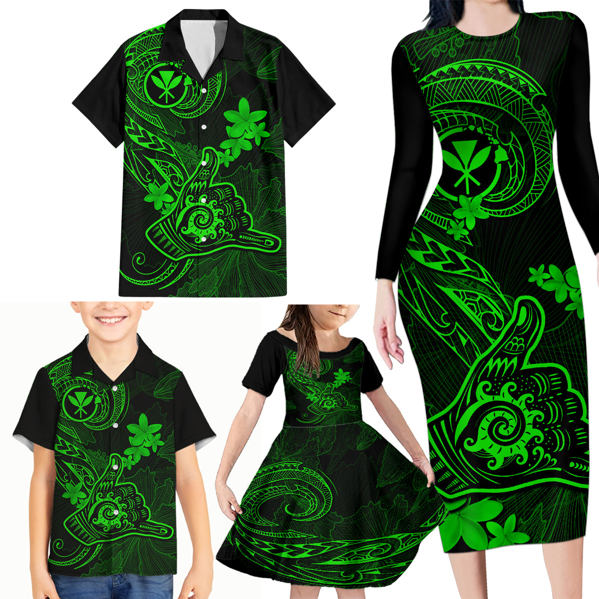 Hawaii Family Matching Long Sleeve Bodycon Dress and Hawaiian Shirt Shaka Tattoo Mix Polynesian Plumeria Green Version - Wonder Print Shop