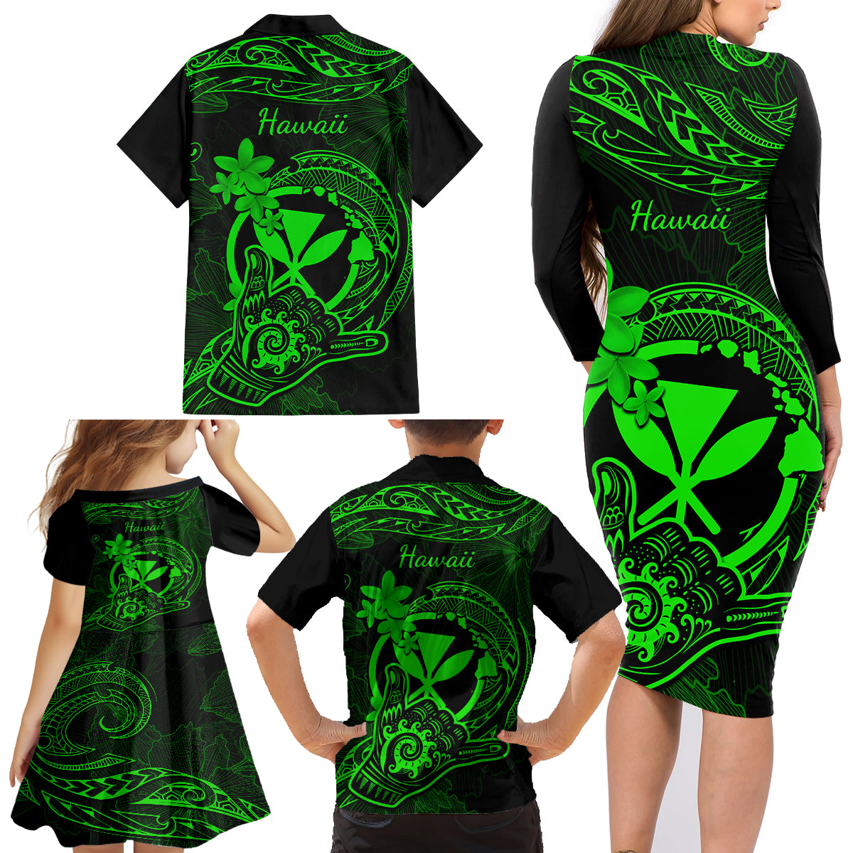Hawaii Family Matching Long Sleeve Bodycon Dress and Hawaiian Shirt Shaka Tattoo Mix Polynesian Plumeria Green Version - Wonder Print Shop