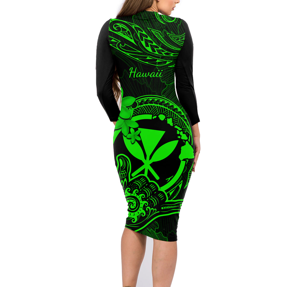 Hawaii Family Matching Long Sleeve Bodycon Dress and Hawaiian Shirt Shaka Tattoo Mix Polynesian Plumeria Green Version - Wonder Print Shop