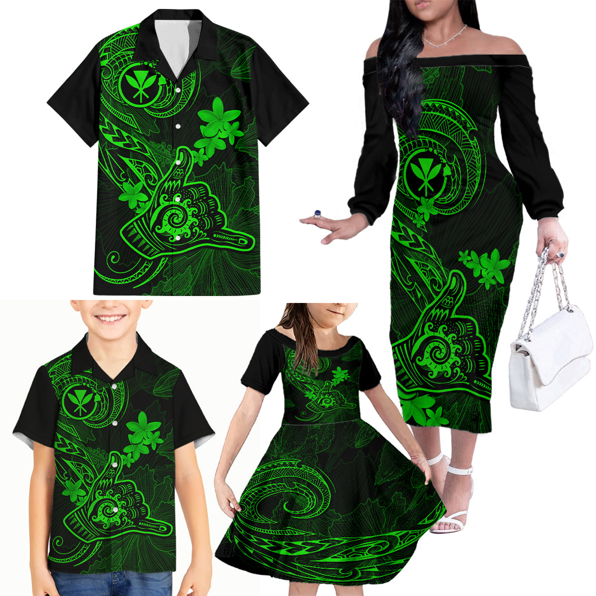 Hawaii Family Matching Off Shoulder Long Sleeve Dress and Hawaiian Shirt Shaka Tattoo Mix Polynesian Plumeria Green Version - Wonder Print Shop