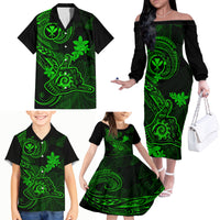 Hawaii Family Matching Off Shoulder Long Sleeve Dress and Hawaiian Shirt Shaka Tattoo Mix Polynesian Plumeria Green Version - Wonder Print Shop