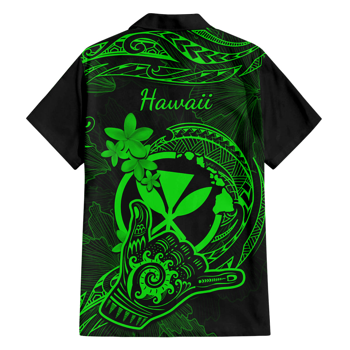 Hawaii Family Matching Off Shoulder Long Sleeve Dress and Hawaiian Shirt Shaka Tattoo Mix Polynesian Plumeria Green Version - Wonder Print Shop