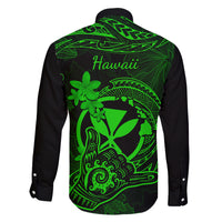 Hawaii Family Matching Off Shoulder Long Sleeve Dress and Hawaiian Shirt Shaka Tattoo Mix Polynesian Plumeria Green Version - Wonder Print Shop