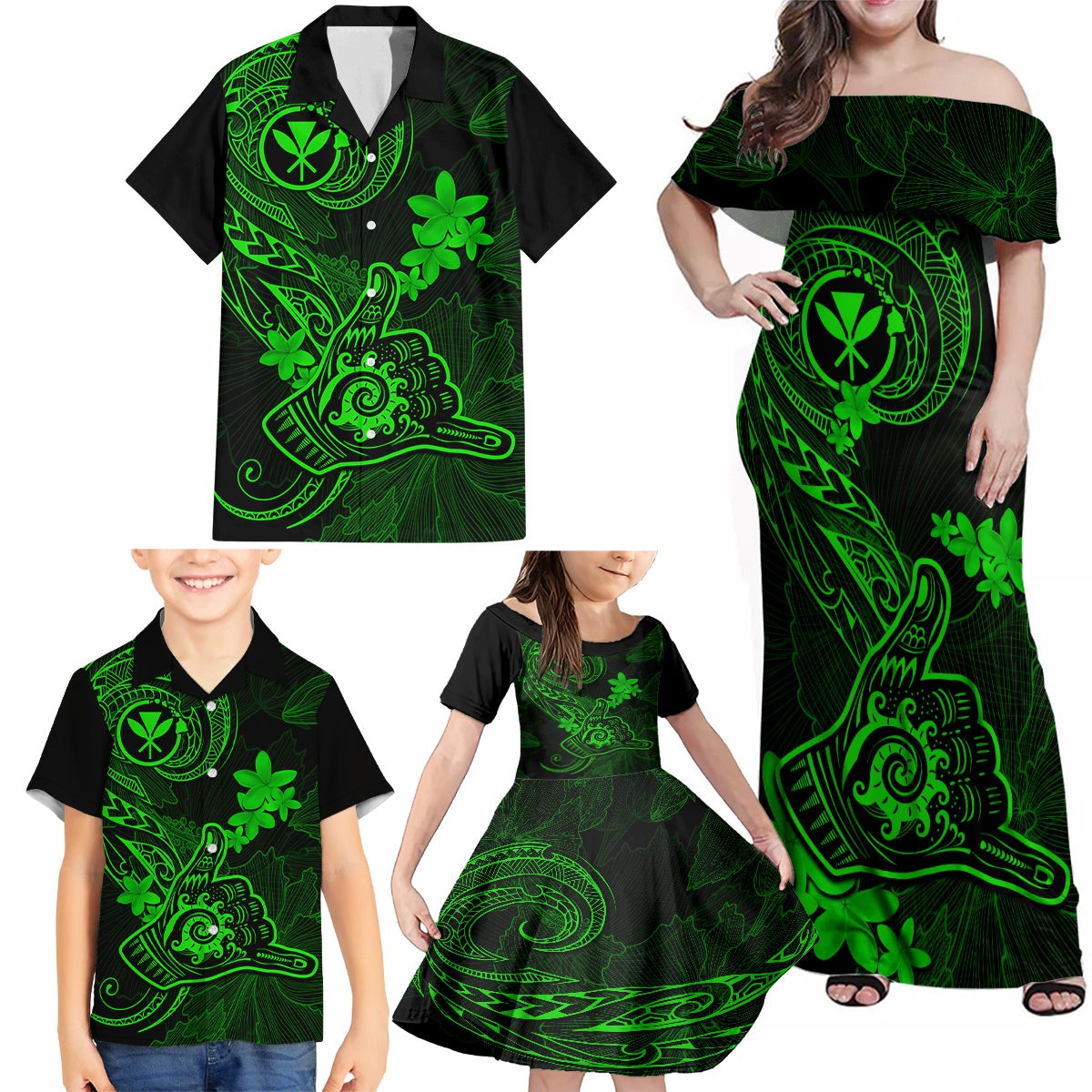 Hawaii Family Matching Off Shoulder Maxi Dress and Hawaiian Shirt Shaka Tattoo Mix Polynesian Plumeria Green Version - Wonder Print Shop