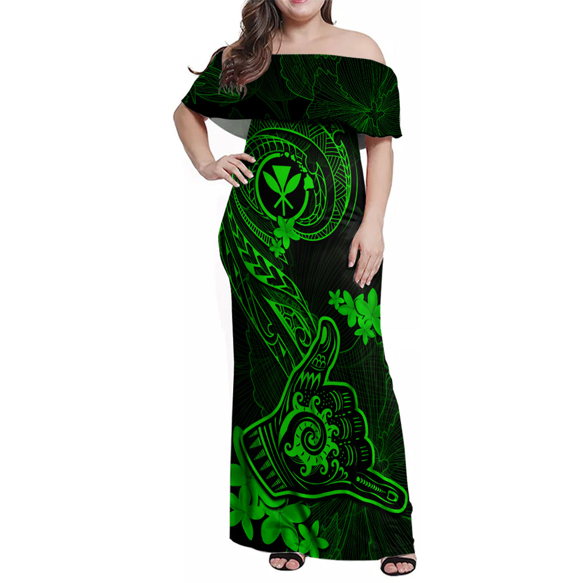 Hawaii Family Matching Off Shoulder Maxi Dress and Hawaiian Shirt Shaka Tattoo Mix Polynesian Plumeria Green Version - Wonder Print Shop