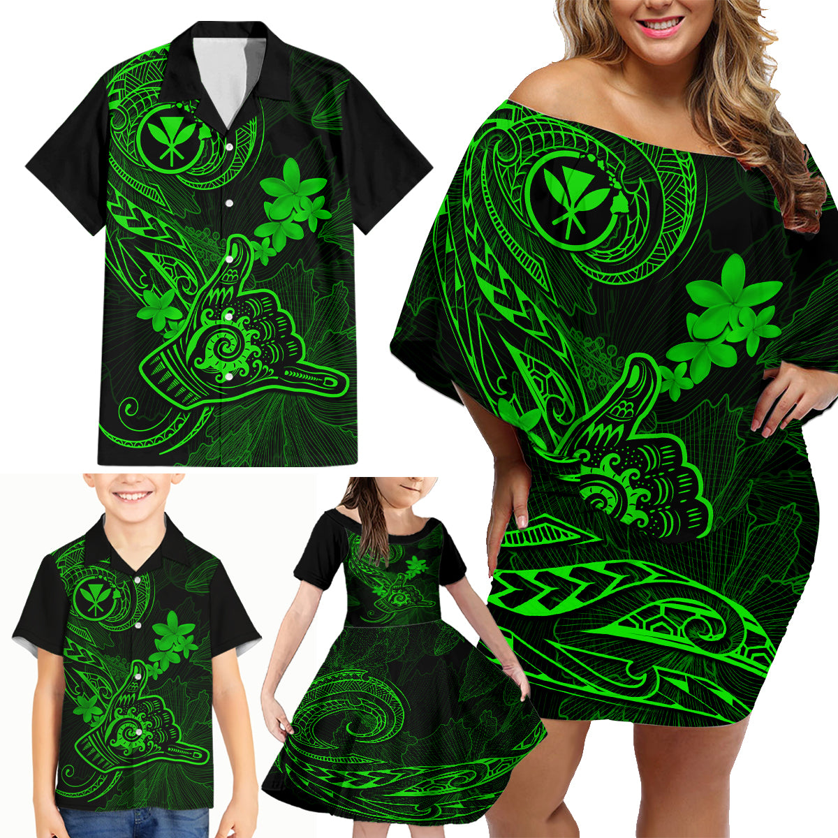 Hawaii Family Matching Off Shoulder Short Dress and Hawaiian Shirt Shaka Tattoo Mix Polynesian Plumeria Green Version - Wonder Print Shop