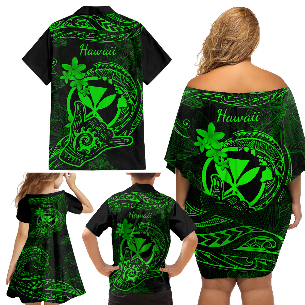 Hawaii Family Matching Off Shoulder Short Dress and Hawaiian Shirt Shaka Tattoo Mix Polynesian Plumeria Green Version - Wonder Print Shop