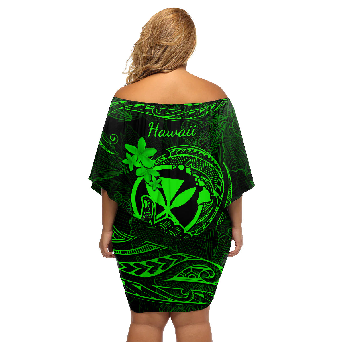 Hawaii Family Matching Off Shoulder Short Dress and Hawaiian Shirt Shaka Tattoo Mix Polynesian Plumeria Green Version - Wonder Print Shop