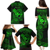 Hawaii Family Matching Puletasi Dress and Hawaiian Shirt Shaka Tattoo Mix Polynesian Plumeria Green Version - Wonder Print Shop