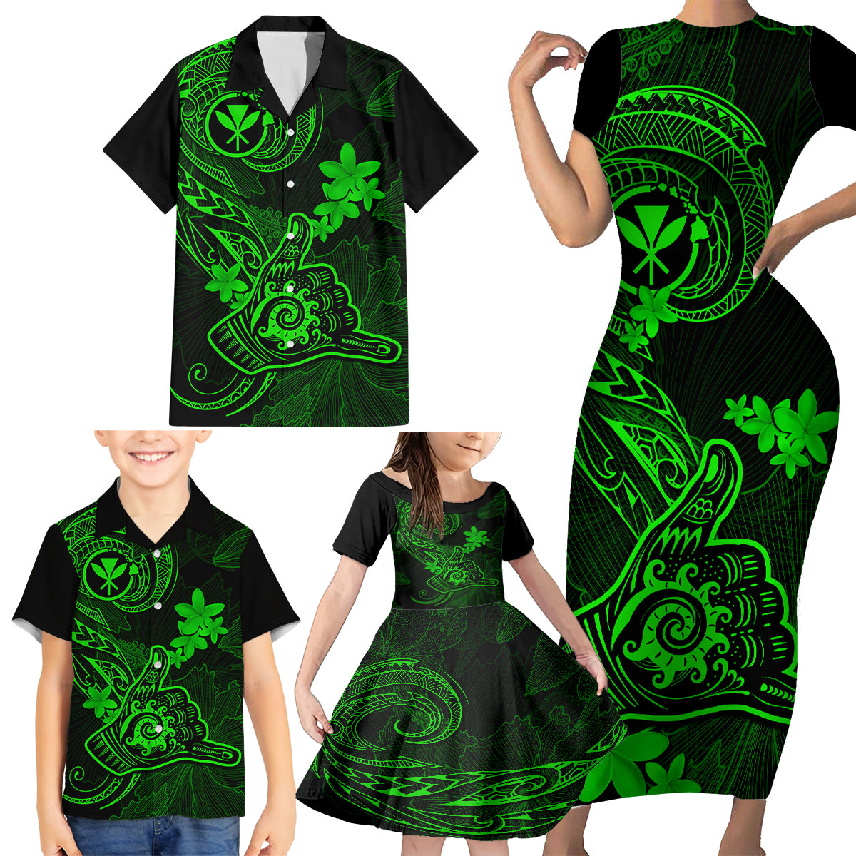 Hawaii Family Matching Short Sleeve Bodycon Dress and Hawaiian Shirt Shaka Tattoo Mix Polynesian Plumeria Green Version - Wonder Print Shop