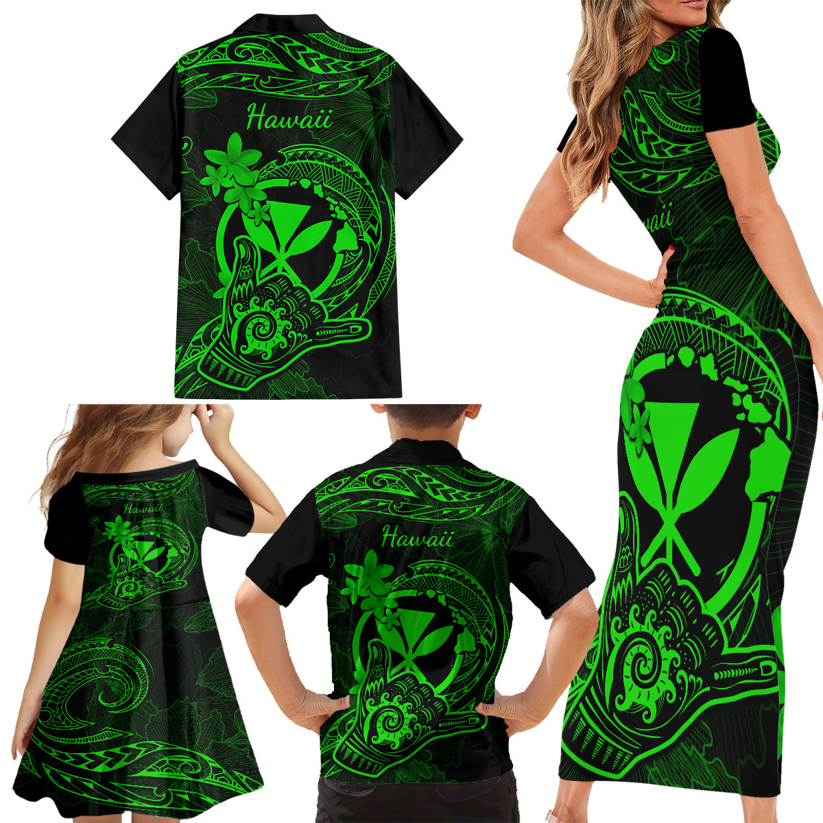 Hawaii Family Matching Short Sleeve Bodycon Dress and Hawaiian Shirt Shaka Tattoo Mix Polynesian Plumeria Green Version - Wonder Print Shop