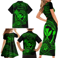 Hawaii Family Matching Short Sleeve Bodycon Dress and Hawaiian Shirt Shaka Tattoo Mix Polynesian Plumeria Green Version - Wonder Print Shop