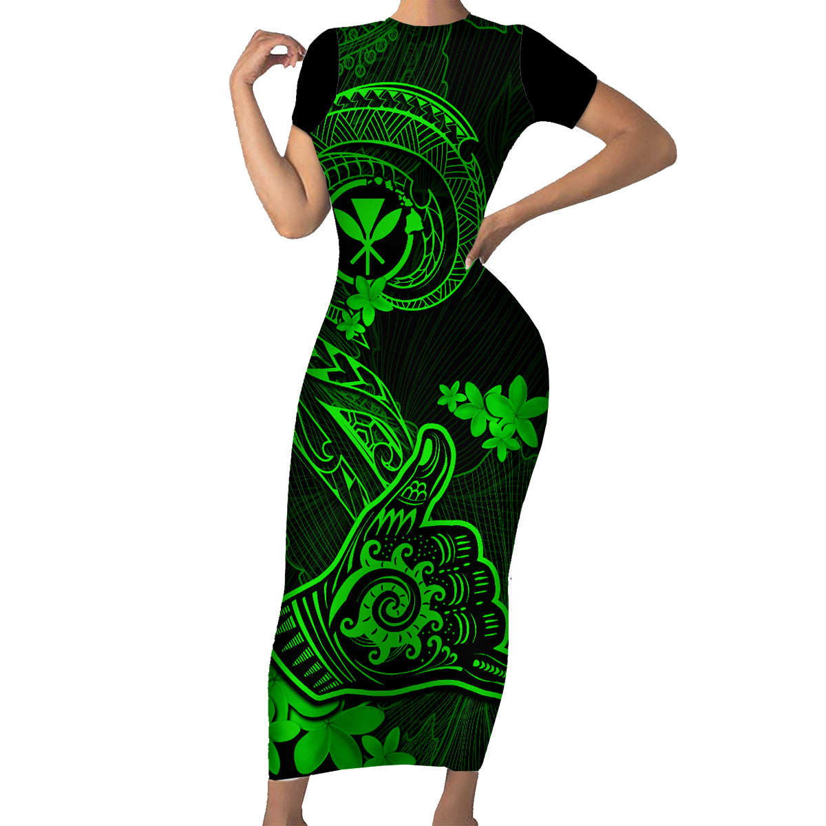 Hawaii Family Matching Short Sleeve Bodycon Dress and Hawaiian Shirt Shaka Tattoo Mix Polynesian Plumeria Green Version - Wonder Print Shop