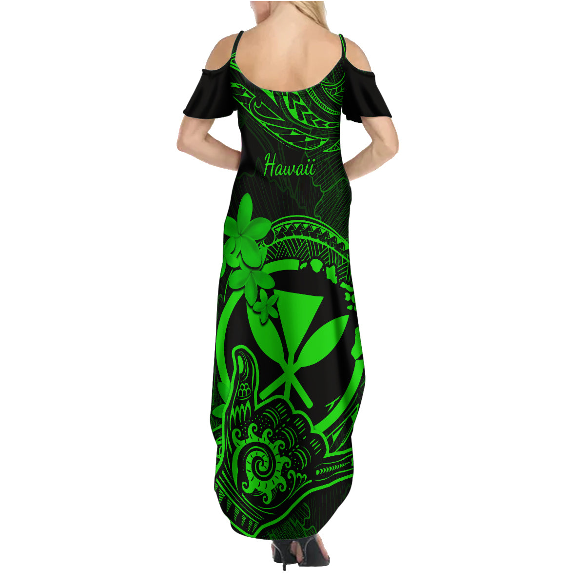 Hawaii Family Matching Summer Maxi Dress and Hawaiian Shirt Shaka Tattoo Mix Polynesian Plumeria Green Version - Wonder Print Shop