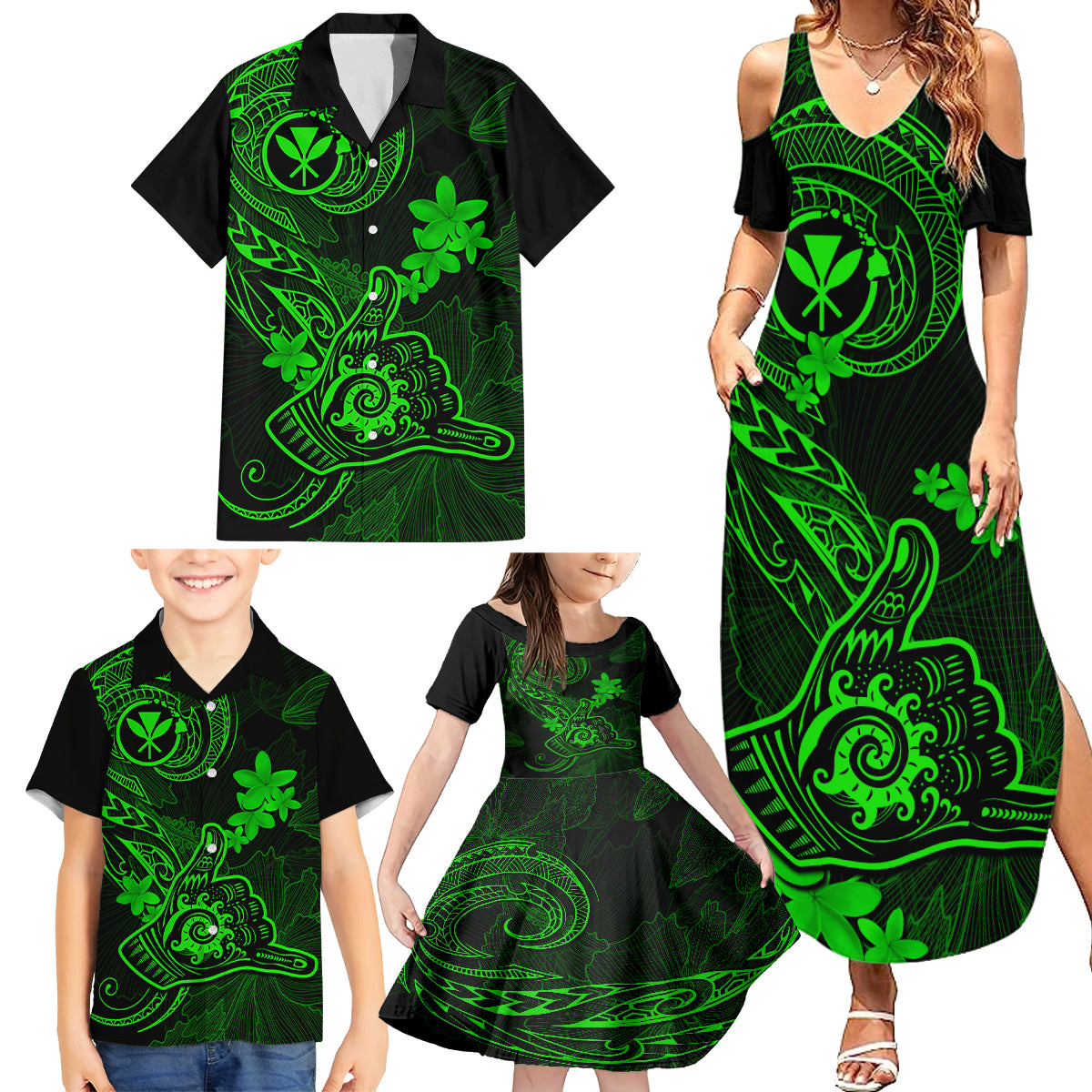 Hawaii Family Matching Summer Maxi Dress and Hawaiian Shirt Shaka Tattoo Mix Polynesian Plumeria Green Version - Wonder Print Shop