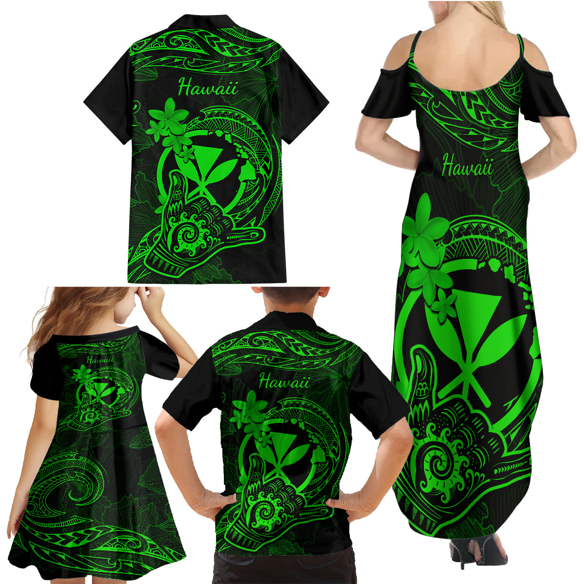 Hawaii Family Matching Summer Maxi Dress and Hawaiian Shirt Shaka Tattoo Mix Polynesian Plumeria Green Version - Wonder Print Shop